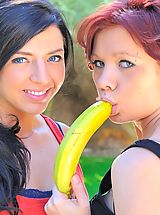 Rita and Madeline masturbating with bananas